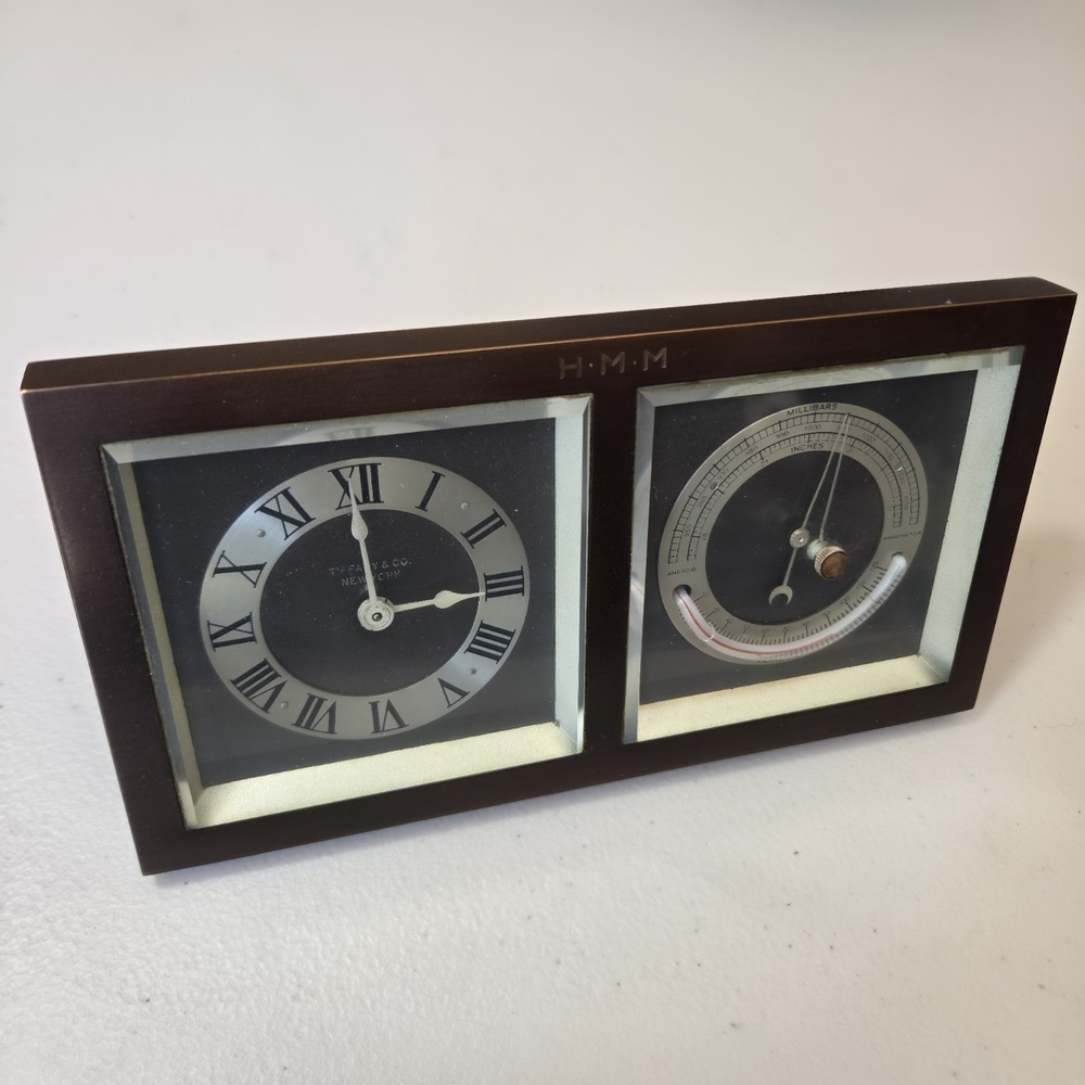 Vintage Tiffany & Co Chelsea Clock & Barometer Desk Set 1930's Solid Brass EUC